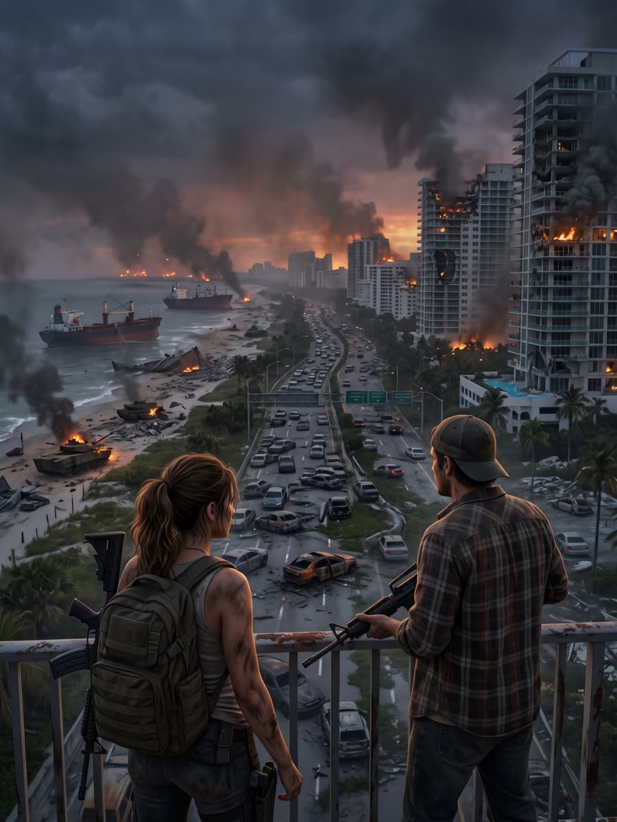 Two survivors on a balcony overlooking the burning coastline