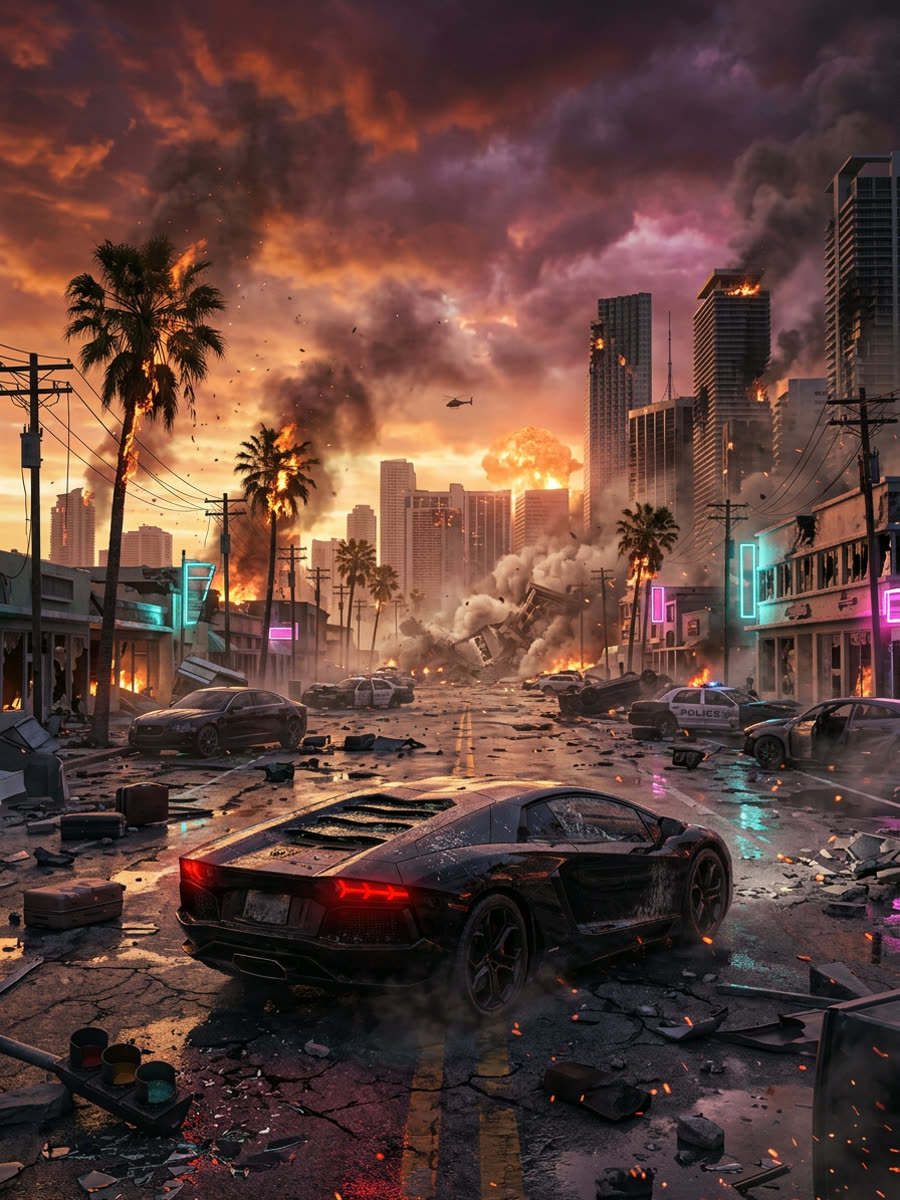 A black supercar in a wrecked downtown street