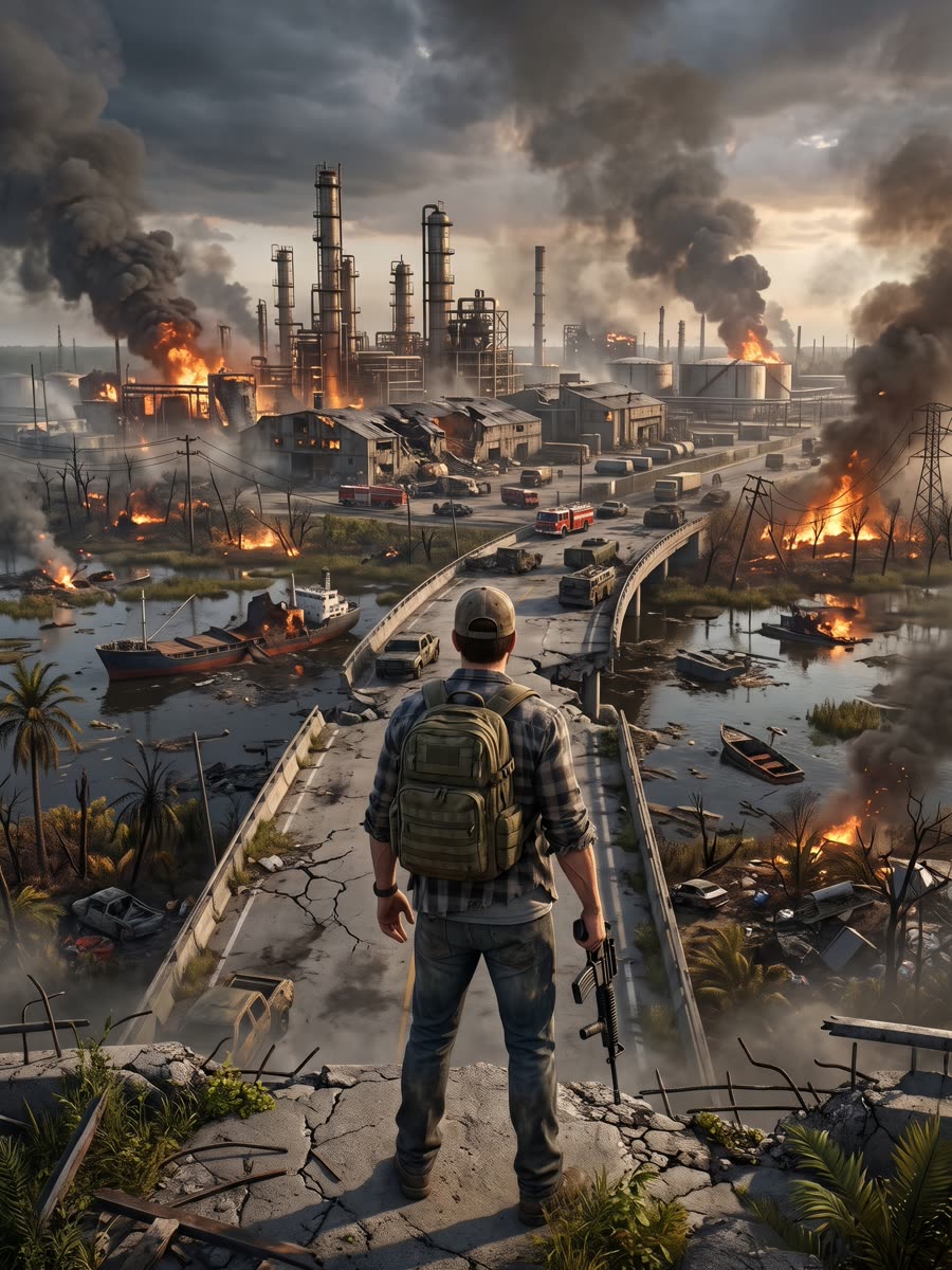 A survivor on a broken bridge above the swamp and refinery
