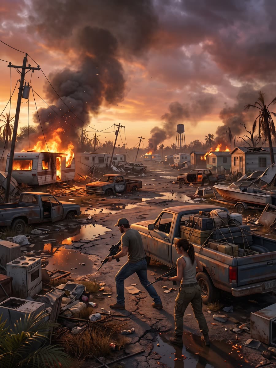 Two survivors defending a burning trailer park